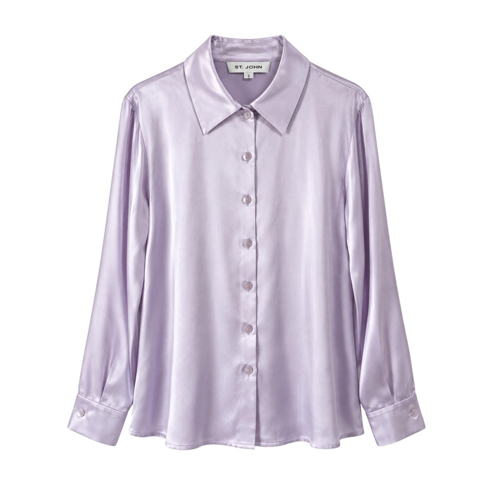 St John 100% Silk Blouse Sz 2 Lilac Embroidered Crest Button Up USA Luxury